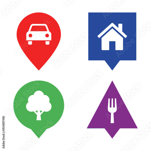 Colorful Map Pin Location Markers Featuring Icons for Transport Home Park and Dining for Navigation App Interface and City Points of Interest Graphic