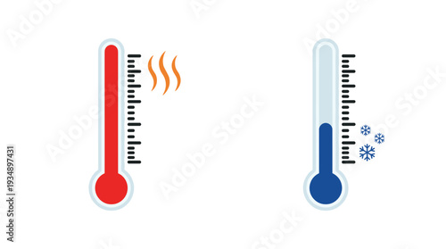 Vertical Thermometer Icons Measuring Hot and Cold Temperatures with Sun Heat Waves and Blue Snowflakes Symbols for Weather Forecast and Climate Control