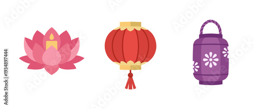 Traditional Asian Lanterns and Lotus Candle Set for Mid-Autumn Festival Lunar New Year and Cultural Celebrations Isolated on White Background Vector