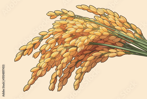 Wheat stalks stand upright, their golden heads ready for harvest. The sunlight shines on the fields, indicating summer.