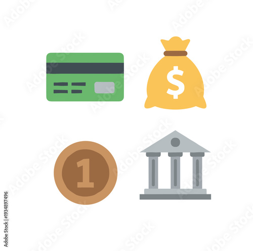 Financial service and banking icons set including credit card, money bag with dollar sign, gold coin and bank building architecture for economy design.