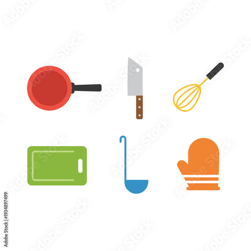 Kitchen utensils and cooking tools set including frying pan, chef knife, whisk, cutting board, soup ladle and oven mitt for culinary and food design.