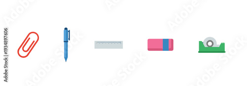 Professional office stationery supplies collection featuring paper clip, blue pen, measurement ruler, pink eraser and green adhesive tape dispenser on white