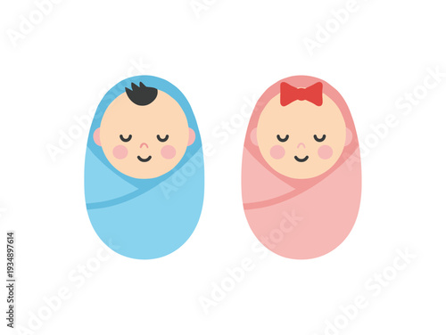 Adorable newborn baby boy and girl portraits in blue and pink swaddle blankets with cute facial expressions isolated on white background for nursery design