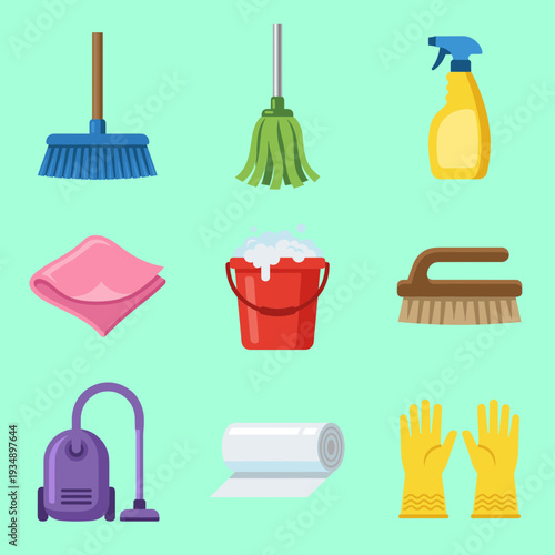 Professional house cleaning tools and equipment set featuring vacuum cleaner, broom, mop, detergent spray, bucket, brush, gloves and cleaning supplies icons