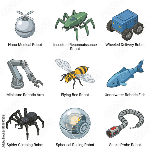 Futuristic robotic machines collection featuring medical nano robot, reconnaissance insect, delivery rover, robotic arm, bee, fish, spider and snake probe