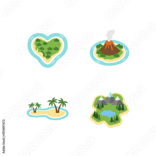 Collection of tropical island icons including heart shaped isle, volcanic island with smoke, small sand beach with palm trees and mountain lake landscape.