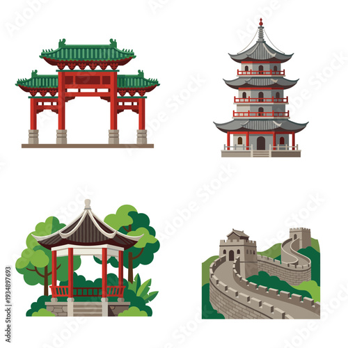 Collection of traditional Chinese architectural landmarks including a red gate, tall pagoda tower, garden pavilion and a section of the Great Wall.
