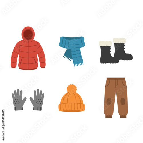 Set of winter clothing and accessories including red puffer jacket, blue scarf, black snow boots, grey gloves, orange beanie hat and brown trousers.