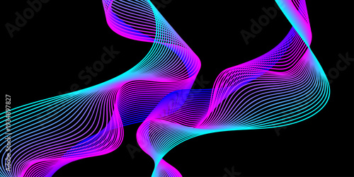 An abstract colorful fractal background features a futuristic digital pattern of blue light waves and rainbow curves on a black backdrop creating a motion-driven vector illustration design