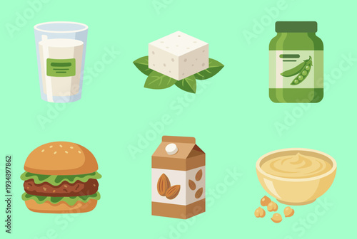 Plant Based Vegan Protein Food Icons Including Soy Milk, Tofu, Pea Protein, Veggie Burger, Almond Milk, and Chickpea Hummus for Healthy Organic Nutrition