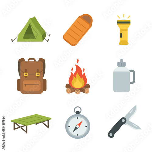 Outdoor Camping and Hiking Equipment Set Featuring Tent, Sleeping Bag, Flashlight, Backpack, Campfire, Water Bottle, Cot, Compass, and Multifunction Knife