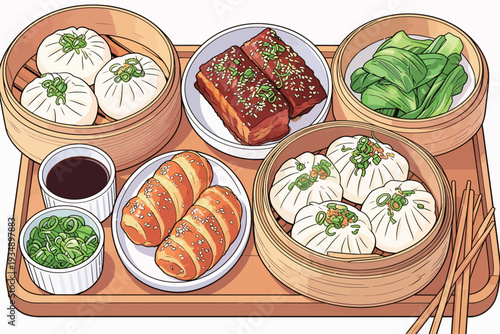 Dumplings and pork are arranged on a wooden tray with greens and dipping sauce, ready for a meal at a table.