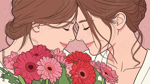 Two women lean towards each other while holding a bouquet of colorful flowers. They share a moment of joy and connection.