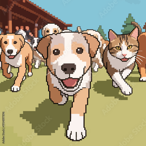 Several dogs and a cat are running happily in a park. People are seen in the background enjoying the day.