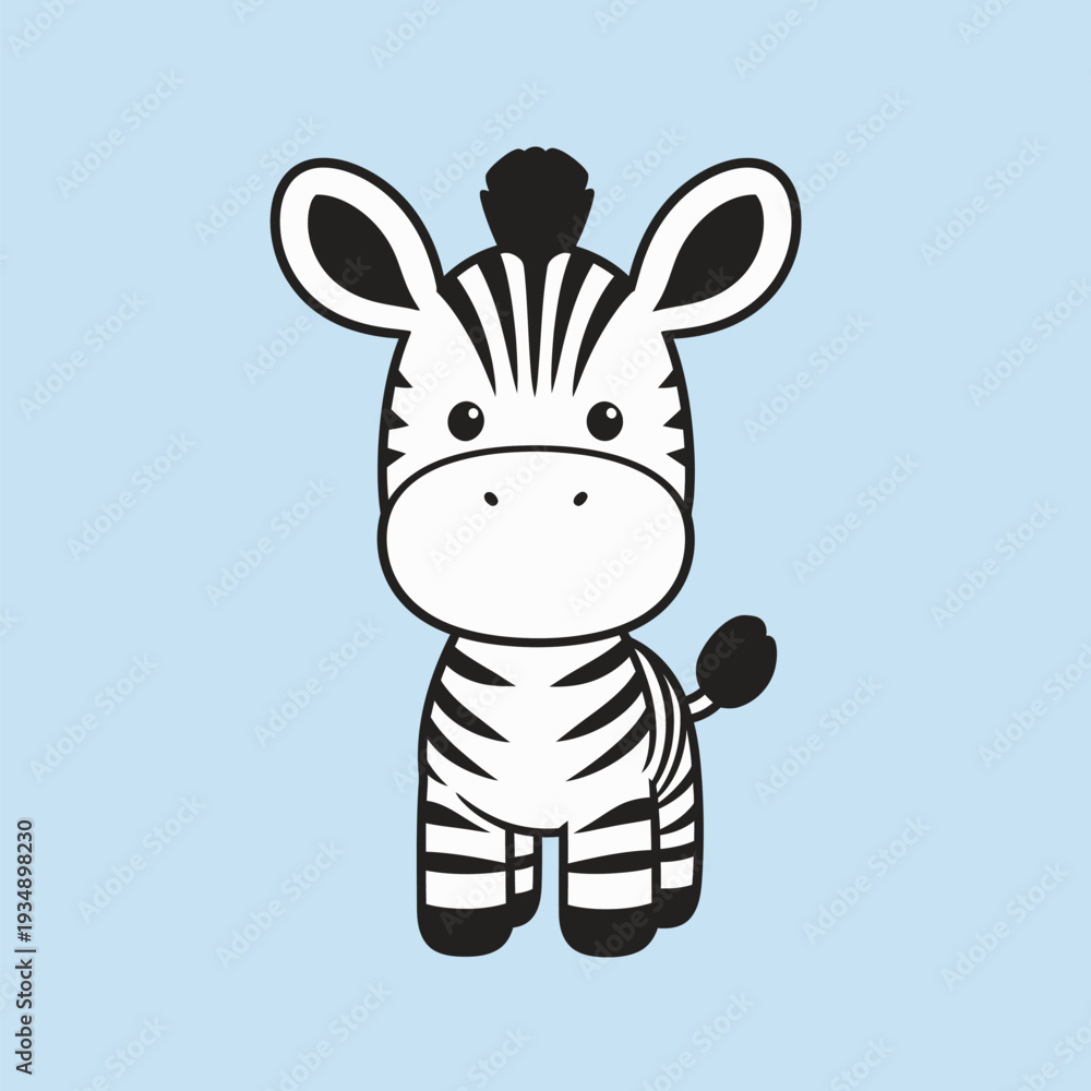 Obraz premium A cartoon zebra character smiles and poses with a light blue background, appealing to kids and animal fans alike.