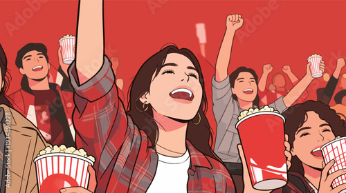 People cheer and raise their hands at a movie screening while holding cups of popcorn in a lively theater scene.