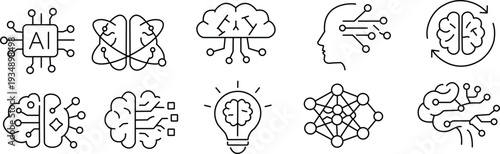 Collection of brain and lightbulb icons isolated on transparent background