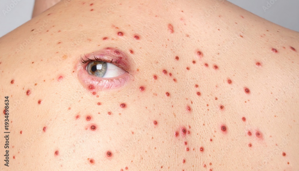 Fototapeta premium Close-up of a persons back covered in numerous red spots, possibly chickenpox or measles, with a single eye superimposed on the skin, creating a surreal and unsettling image.