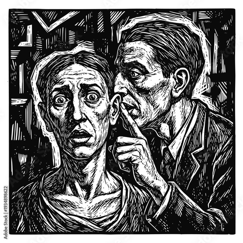 Dramatic woodcut illustration of a man whispering into a startled woman's ear. Intense black and white expressionist style capturing themes of secrets, paranoia, rumors, and psychological fear.