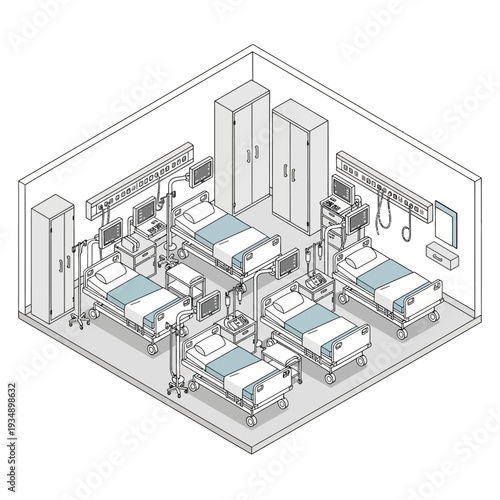 Isometric Hospital Ward with Multiple Beds and Medical Equipment.