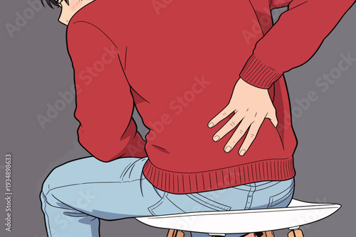 A person in a red sweater sits on a stool with their hand placed on their back. The background is plain and unadorned.