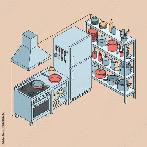 Isometric kitchen with appliances and cooking utensils.