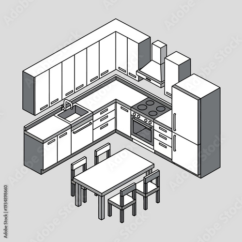 Modern kitchen interior design with dining area and appliances.