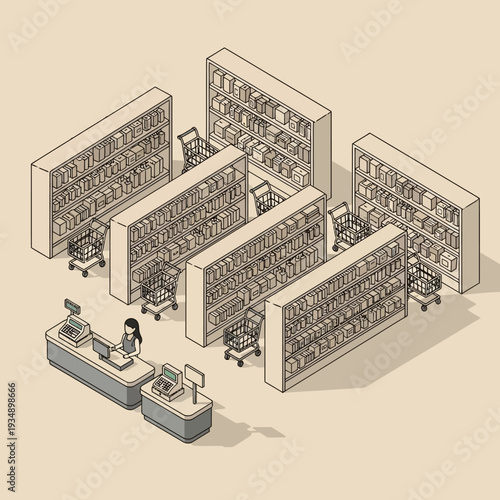Isometric illustration of a modern library with tall bookshelves and a librarian at a desk.
