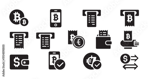 Cryptocurrency and financial transaction vector icons in glyph style for web or print