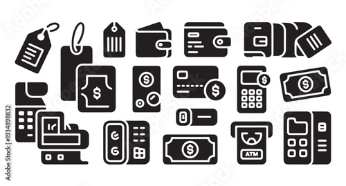 Collection of finance and payment icons in silhouette style
