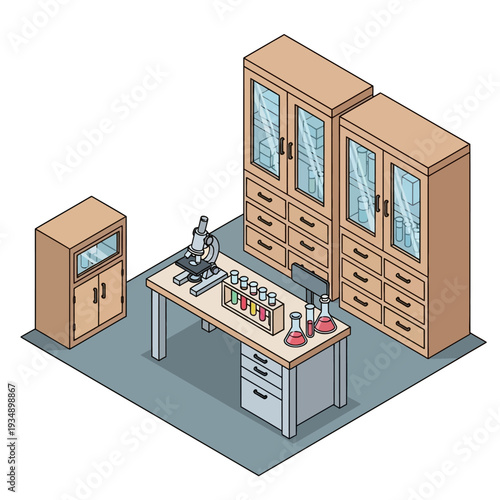 Laboratory workstation with equipment and storage cabinets.
