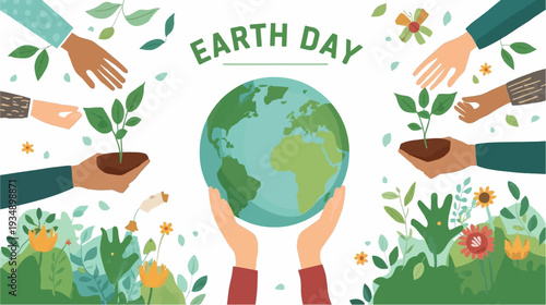 Diverse hands planting saplings around a central Earth globe, celebrating Earth Day with a focus on environmental care and community effort.
