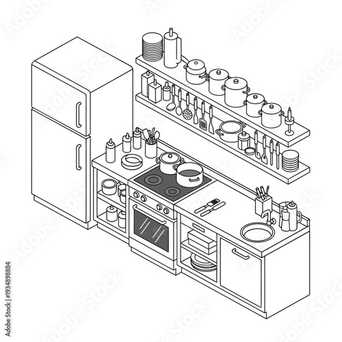 Isometric kitchen with appliances and utensils.