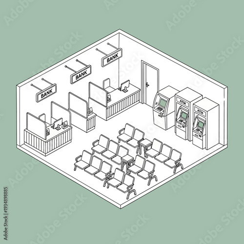 Isometric illustration of a waiting room with chairs and office cubicles.