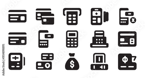 Banking and payment icons set with credit cards cash registers and money bags in black style