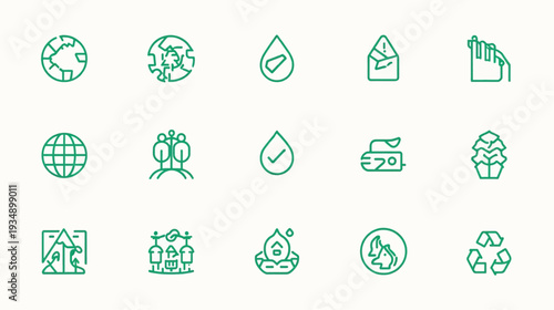 A collection of green line icons representing environmental protection, sustainability, nature, and ecological concepts.