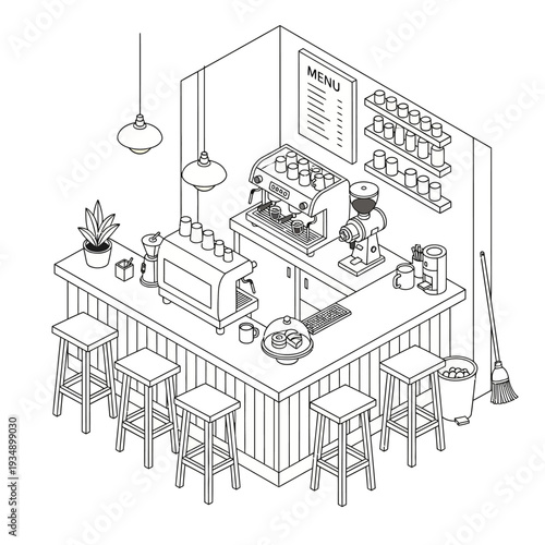 Isometric illustration of a modern coffee shop interior with bar stools and coffee machines.
