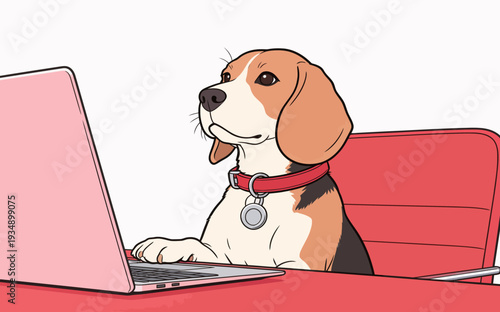 A beagle dog is sitting at a red desk typing on a laptop with a focused look. This scene shows a work setup with a pet.