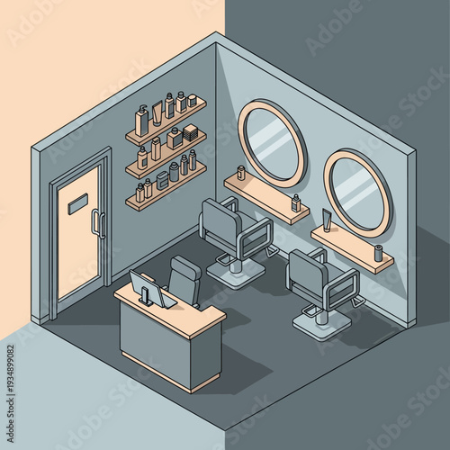 Isometric illustration of a modern salon with chairs and beauty products.