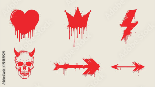 Red grunge symbols set with dripping heart, crown, lightning, skull, and arrows, on a light background.