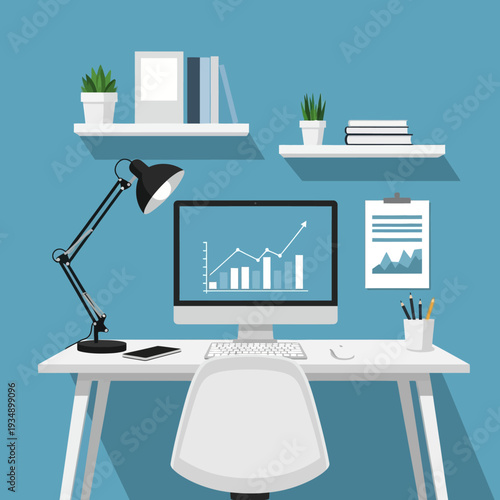 Modern office workspace with computer and productivity tools.