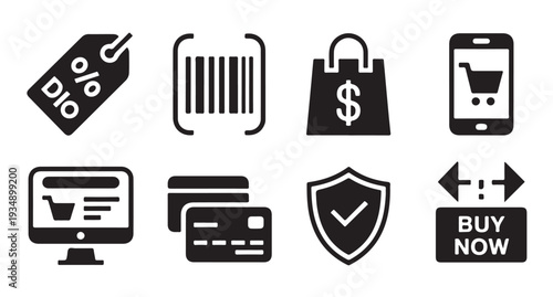 Digital retail icons with discount percentage tags barcodes and mobile shopping cart symbols