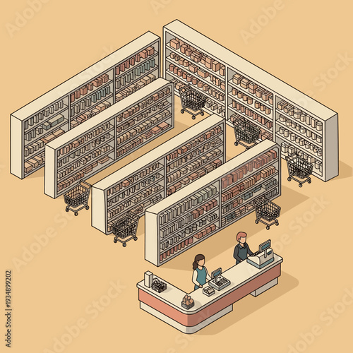 Isometric illustration of a modern library with tall bookshelves and a circulation desk.