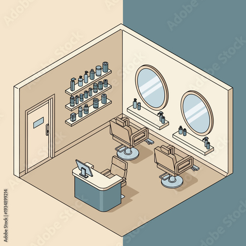 Isometric illustration of a modern hair salon with chairs and styling equipment.