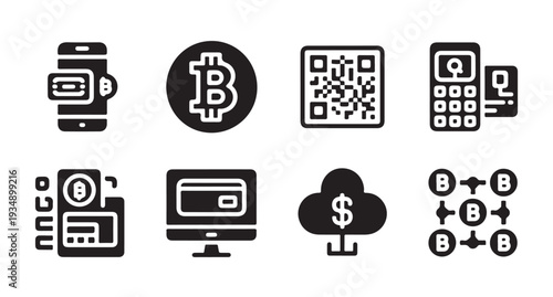 Cryptocurrency and digital finance icon set including mobile banking, bitcoin, qr code, atm