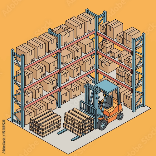 Warehouse storage with forklift and shelving units.