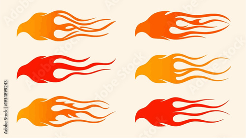 Set of six stylized flame designs in various shades of orange, red, and yellow, suitable for hot rod decals or graphic elements.
