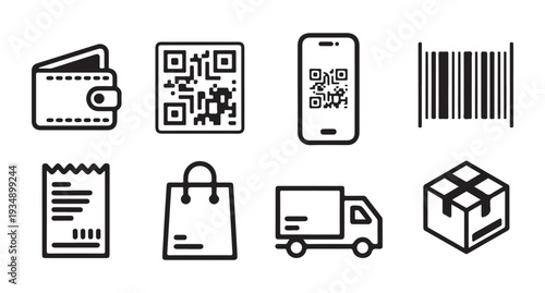Shopping and payment method icons including wallet, qr code, mobile scan, barcode, receipt