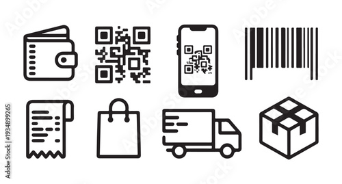 Ecommerce and delivery icons including wallet, qr code, mobile scanner, barcode, receipt